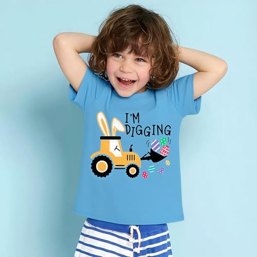 Image of Toddler Boys Easter Shirt Short Sleeve Kids Digger Eggs Hunt T-Shirt Cotton Dinosaur Bunny Outfits Tee Top 2-7 Years