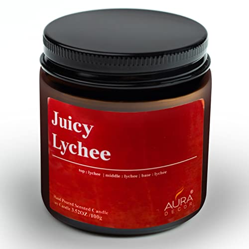 Image of AuraDecor Juicy Lychee Scented Jar Candle | 100gm Handpoured Soy Wax Candle with 30 hr Burn Time | Premium Amber Jar Aromatherapy Candle | Ideal Gift for Home & Decor