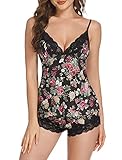 Ekouaer Lace Cami Set Lingerie for Women Sexy Cotton Pajamas 2 Piece Summer Outfits Black Floral M