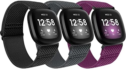 3 Packs SHIJZWD Elastic Watch Strap Compatible with Fitbit Versa 3/Fitbit Sense, Soft Breathable Nylon Sports Loop Band Stretchy Adjustable Replacement Wristband for Women Men (Black + Grey + Indigo)