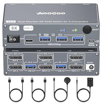 DP KVM Switch for 2 Computers and 2 Monitors, 8K@60Hz/4K@240Hz Dual Monitor KVM Switch, 2-Port with 4 USB 3.0 Ports, Cables, and Power Adapter