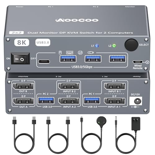 DP KVM Switch 2 Computers 2 Monitors, 8K@60Hz/4K@240Hz Dual Monitor KVM Switch 2 Port for 2 PCs Share 2 Monitors, with 4 USB3.0 Ports, USB Cables and Power Adapter (8K DP 2 in 2 Out KVM)