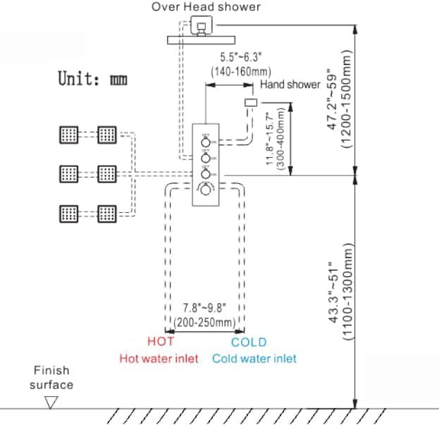 Diagram showing the recommended height dimensions for the shower head, handheld shower, and main body valve installation, with measurements in both millimeters and inches.