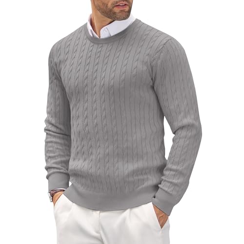 Mens Crewneck Knit Sweater Slim Fit Lightweight Casual Twist Patterned Cable Knitted Pullover