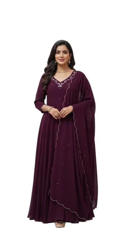 Women Silk Blend Purple Anarkali Gown with Dupatta V Neck Long Sleeve Floor Length Ethnic Dress 3 Piece Set Full Flared Party Wedding Traditional Outfit-image-20
