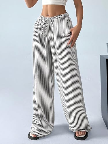 Verdusa Women's Striped Linen Pants Straight Leg Casual Lounge Pants with Pockets3