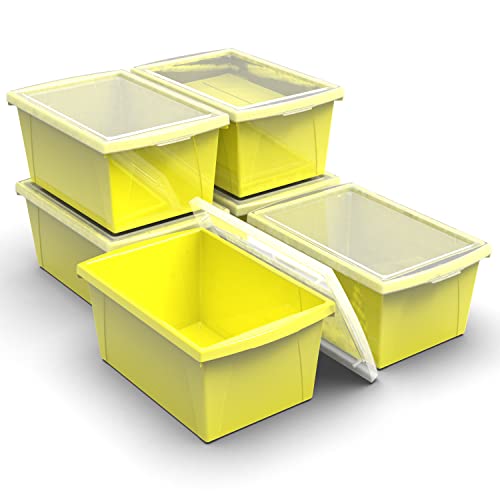 Image of Storex 5.5 Gallon Storage Bin with Lid - Plastic Classroom Organizer for Books and Supplies, Yellow, 6-Pack (62748U06C)