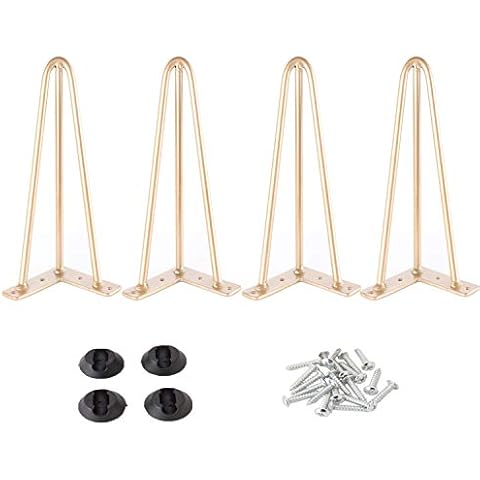 Osring Metal Hairpin Table Legs 14 Inch, Furniture Leg Gold with 3/8" Dia 3-Rod Design, Mid-Century Modern Hairpin Furniture Feet 4pcs with Floor Protectors for Coffee Table and TV Stand Cover