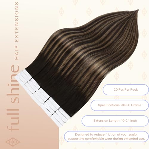 Image of Full Shine Human Hair Tape in Extensions, Dark Brown Highlight Mix 16 Inch | 50g 20PCS, Seamless Tape in Human Hair Extensions, Invisible Double Sided Design Natural Volume Soft Ash Brown Look