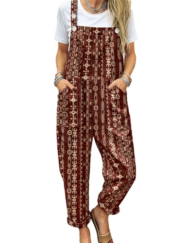 Image of YESNO Women's Overalls Cotton Boho Casual Floral Bib Jumpsuit Baggy Adjustable Strap Romper with Pockets PVV