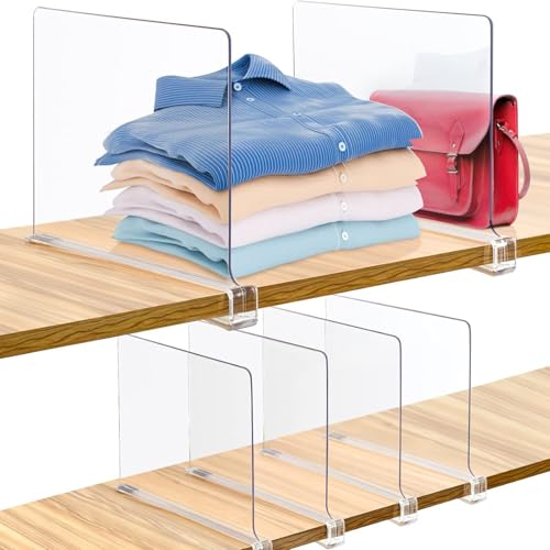 6 Pack Acrylic Shelf Dividers for Closet,Multi-Functional Shelf Separator,Plastic Shelve Dividers,Transparent Organizer for Storage, Wood Closet, Kitchen and Office Shelves