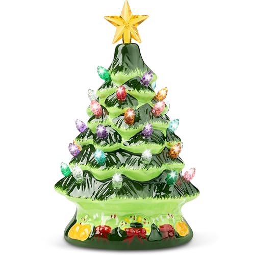 JOIEDOMI 7" Ceramic Christmas Tree Pre-lit Tabletop XMAS Decoration with Multicolored Lights, Extra Clear Top Star for Home and Office Tabletop Holiday