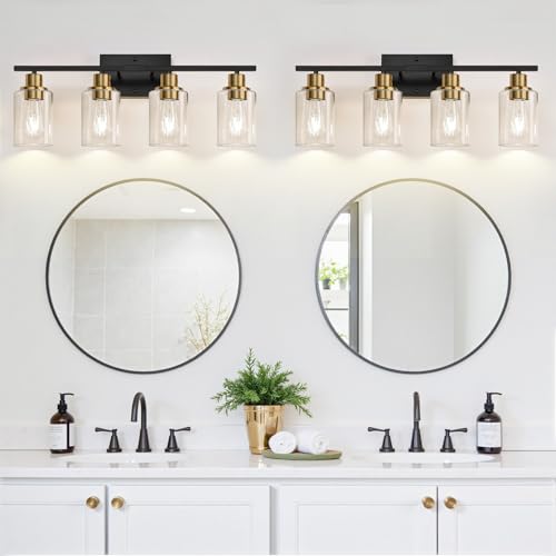 Image of Indoi 4-Light Bathroom Light Fixtures, Black and Gold Modern Vanity Lights with Clear Glass Shades, Bathroom Wall Lamp for Mirror Living Room Cabinet Bedroom Porch