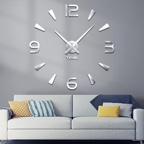 Image of Large DIY Wall Clock Kit | Frameless Modern 3D Wall Clock with Mirror Number Stickers for Home Living Room Bedroom Office Decoration (Silver)
