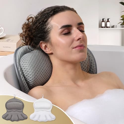 Bath Pillow Luxury Bathtub Pillow, Extra Soft & Comfortable Bath Pillow for Tub Head Neck and Back Support, with 4D Air Mesh Cushions & Non-Slip Suction Cups - Great Bath Gifts (Gray)