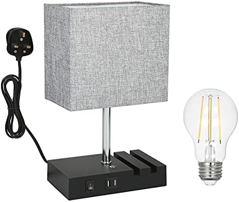 USB Table Lamp,Touch Control Bedside Lamp with 2 Fast Charging USB Ports,Grey Dimmable Nightstand Lamp with 2 Phone Stand for Bedroom, Living Room,Study (Bulb Included)