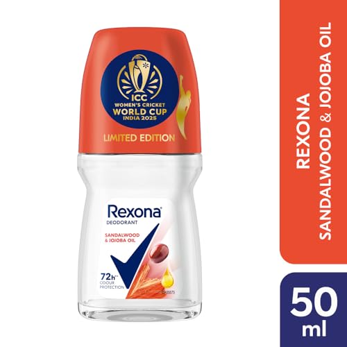 Image of Rexona Sandalwood & Jojoba Oil Antiperspirant Roll-On | for Women | 12-HSA & Glycerin |72H Odour Protection | No White Marks | Limited Edition Pack - ICC Women's Cricket World Cup India 2025 |50 ML