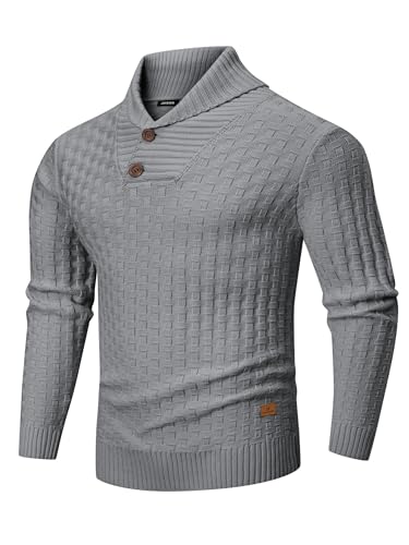 JMIERR Knitted Sweaters for Men Casual Slim Fit 2024 Fashion Shawl Collar Solid Color Button Textured Pullover Sweater,US 49(2XL),Light Grey