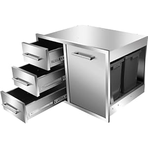 Outdoor Kitchen Drawer Combo 28" W x 19.6“D x 20.1" H,Access Trash Drawer Combo with Stainless Steel Handles Outdoor Kitchen Triple Drawer for BBQ Island,Grilling Station Outdoor Kitchen Drawer Combo 28 W x 196D x 201 HAccess Trash Drawer Combo with Stainless Steel Handles Outdoor Kitchen Triple Drawer for BBQ IslandGrilling Station