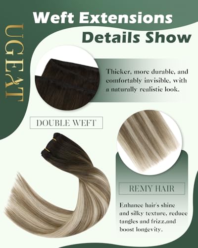 Image of Ugeat Weft Hair Extensions Human Hair, Real Hair Extensions Sew in 14 Inch 80g, Hair Weft Extensions, Chocolate Brown Balayage Medium Brown Mix Bleach Blonde