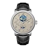 OBLVLO AM-FG - Orologio meccanico alla moda con stelle stellate, fasi lunari, cinturino in pelle, numeri romani, calendario completo automatico, AM-FG-YSBL, Tendenza