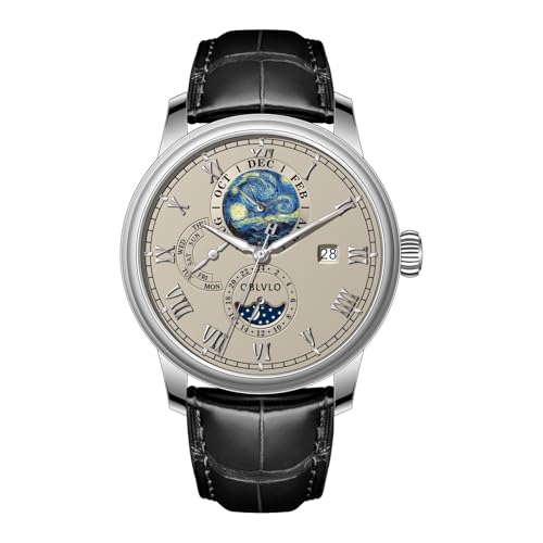 OBLVLO Fashion Mechanical Watch with Starry Star Moonphase Leather Strap Roman Numerals Automatic Complete Calendar AM-FG, AM-FG-YSBL, Tendência
