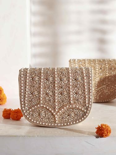 Image of THE TAN CLAN Kavya Beige Flap Over Bag Clutch Purses Luxury Evening Handbags with Handle