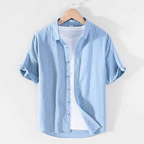 Chemise de plage à manches courtes pour hommes en coton-lin bleu ciel raffiné
