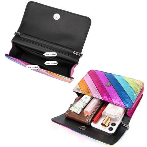 Image of Rejolly Rainbow Stripe Crossbody Shoulder Bag for Women Color Blocking PU Leather Colourful Purse with Chain Strap | PU Leather, with Chain Strap