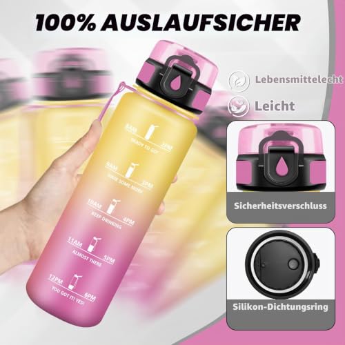 Trinkflasche 1l, Trinkflasche Sport, Wasserflasche Auslaufsicher, Wasserflasche mit Zeitmarkierung, Leicht zu Tragen und zu Reinigen… – Ansicht 3