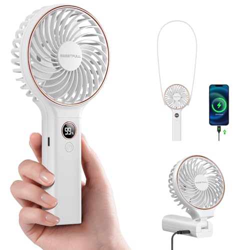 Image of SWEETFULL Handheld Portable Fan, 5000mAh Rechargeable Battery, 6 Speed Wind, LED Digital Display, Foldable Electric Personal Mini Travel Fan with Backup Power, Summer Essentials Gifts for Women Girl