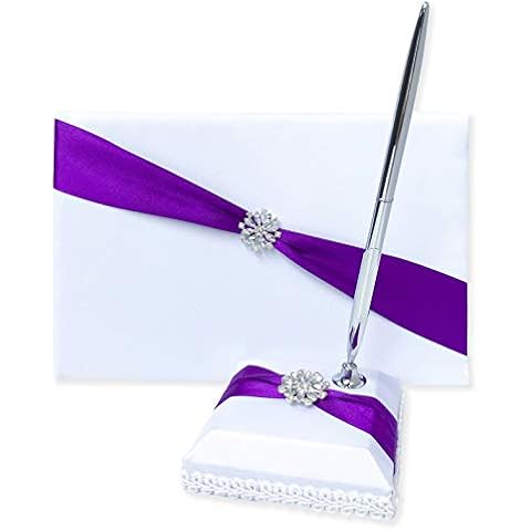 JC Classics Wedding Guest Book and Pen Set | Guest Book Wedding Set with Lined Pages for Sign in | Glittering Flower Rhinestone & Purple Satin with Royal Touch Guestbook Wedding Cover