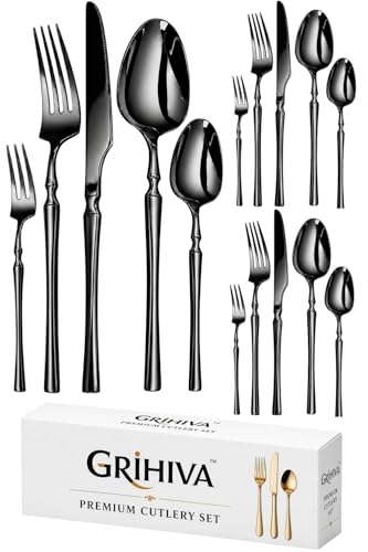Image of 15 Pcs Black Cutlery Set for Dining Table the Perfect Lightweight Silim Handle Tableware Including Dinner Spoon, Dinner Fork, Dinner Knife, Dessert Spoon & Dessert Fork
