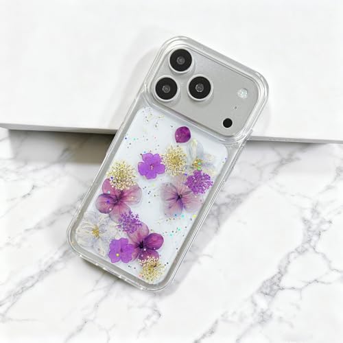 Coque iPhone 17 Pro Max esthétique violet pailleté avec fleurs séchées - 7