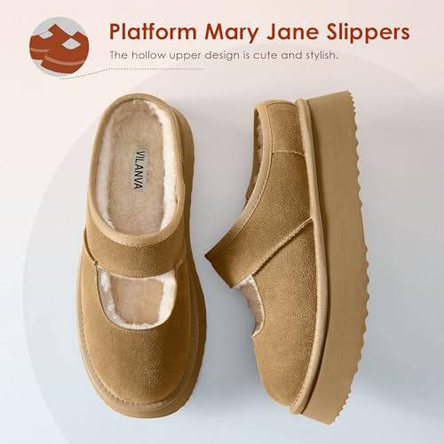 Platform Slippers for Women Cozy Fur Lined Slip on Mary Jane Fall Shoes Warm Comfy House Slippers for Indoor Outdoor2