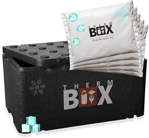 THERM BOX Profi Styroporbox GN1 mit 5X Kühlakku für Kühlbox Set 46,45L Innen: 54x34x24cm Transportbox Wiederverwendbar