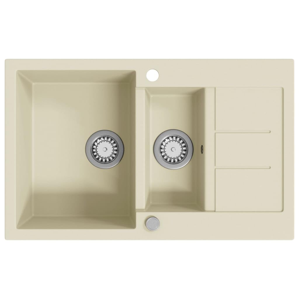 vidaXL Beige Granite Kitchen Sink - Double Basin Design, Heat/Scratch Resistant, Basket Strainer, Reversible Overmount Installation, 800x500mm