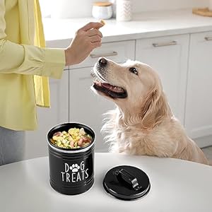 Small Dog Treat Container Airtight - 6" Tall X 4.9" Round Black Dog Treat Jar for Kitchen Counter - Rustic Treat Storage Canister for Dogs, Cats, Small Animals - Gifts for Pet Owners Small Dog Treat Container Airtight 6 Tall X 49 Round Black Dog Treat Jar for Kitchen Counter Rustic Treat Storage Canister for Dogs Cats Small Animals Gifts for Pet Owners