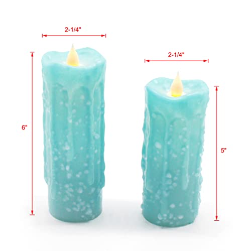 Image of CVHOMEDECO. Real Wax Hand Dipped Battery Operated LED Pillar Candles with Remote Control, Primitives Country Flickering Dancing Flame Lights Decor, H 6 & 5 Inch, Set of 2 (Teal) | Hand Dipped, Battery Operated, Flickering Dancing Flame, H 6 & 5 Inch, Primitives Country Decor