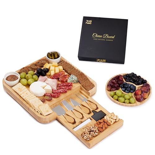 Premium Bamboo Charcuterie Board Set with Hidden Drawer & 4 Cheese Knives - 13x13 Large Cheese Board...