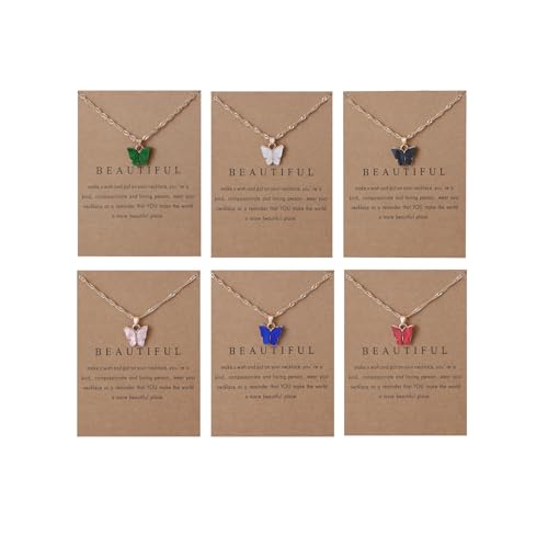 6 Pcs Cute Dainty Butterfly Pendant Necklaces Set Colorful Acrylic