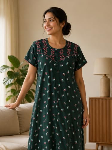 Image of 9shines Label Stylish Bamboo Cotton Nighty Maxi for Women | Full Length Trendy Nightgown | Premium Nightdress | Nightwear | Embroidery Nighty with Pocket (9666)