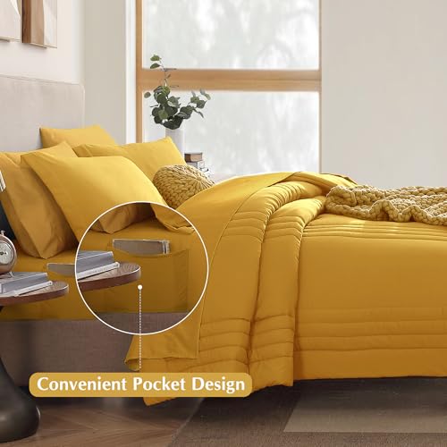 Image of Monbix Queen Comforter Set - 7 Pieces Bright Yellow Bed in a Bag Queen Bedding Sets with Comforters, All Seasons Comforter Bed Set with Sheets,Pillowcases & Shams