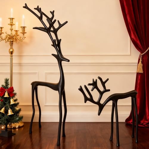 Juego de 2 estatuas de reno negras, elegantes figuras de reno navideñas, decoración navideña de reno, estatuas de reno de imitación de metal, escultura de ciervo, decoraciones navideñas para mesa