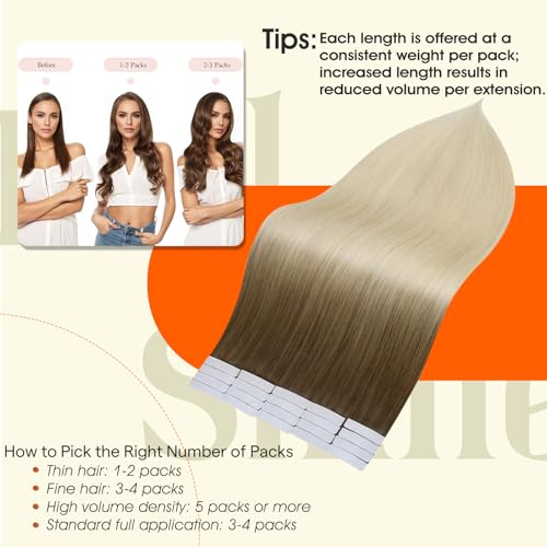 Image of Full Shine Tape in Hair Extensions Real Human Hair Color 3 /8 /613 Balayage Tape ins Human Hair Extensions Remy Straight Hair Double Sided Adhesive Invisible Extension 22Inch 20Pcs 50G Soft Silky