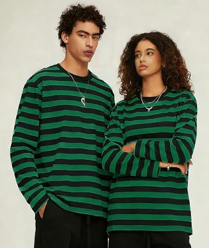 Image of KESIHAN Mens Striped Long Sleeve Shirt Crewneck Casual Basic Stripe Tee | Crewneck long sleeve striped tee with cotton spandex fabric,casual regular fit basic style for daily wear and layering.