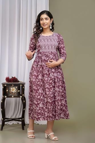 Image of Maternity Feeding Kurtis for Women Cotton - Zip Access Nursing Dress | Comfortable Pregnancy Wear | Stylish Feeding Kurti | Soft Cotton Maternity Dresses for Womens