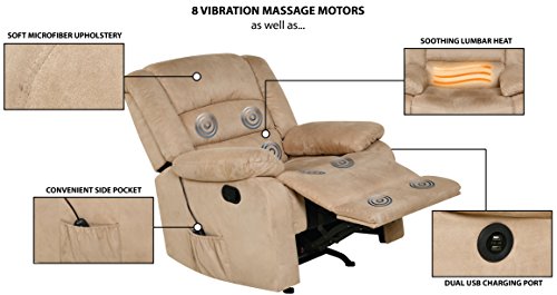 Relaxzen Longstreet Rocker Recliner With Massage, Heat And Dual Usb Ports,Microfiber, Beige #TOP4
