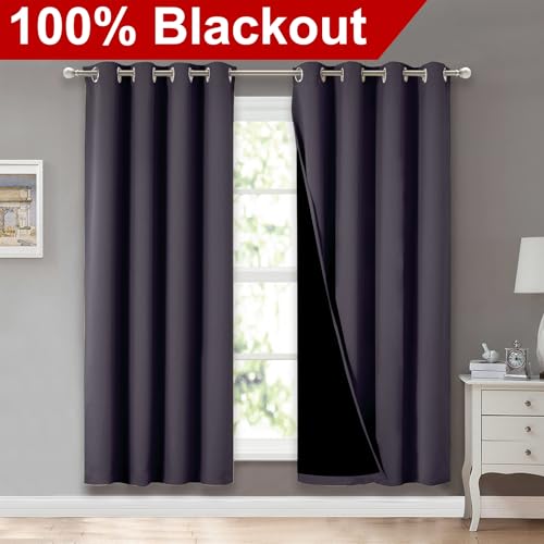Image of NICETOWN 100% Blackout Window Curtain Panels, Greyish Purple, 2 Pieces, 52 inch Wide Per Panel, Full Light Blocking Drapes with Black Liner for Nursery, 72 inch Drop Thermal Insulated Draperies