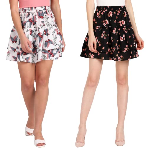 Designer Printed Layered & Flared Above Knee Length Royal Regular Fit Short A-Line Crepe Skirt Midi for Women/Girls-image-14